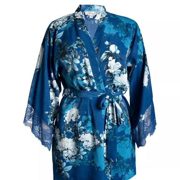58$ In Bloom by Jonquil Floral Self-Tie Belt Satin Robe Women's Size M Eve Blue - Picture 4 of 4